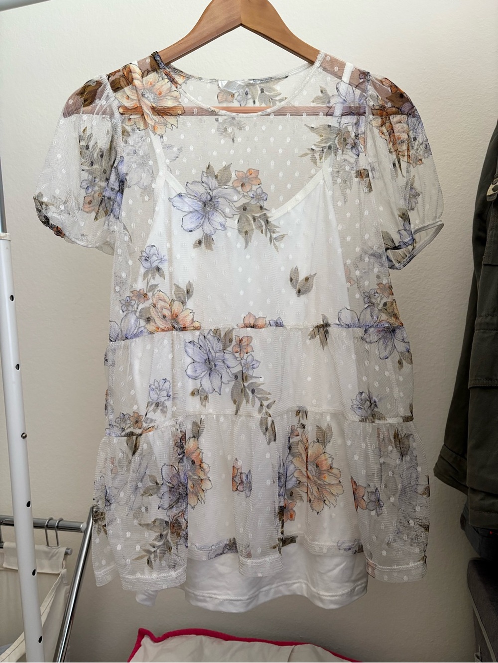 Floral Sheer Layered Tunic Top in White